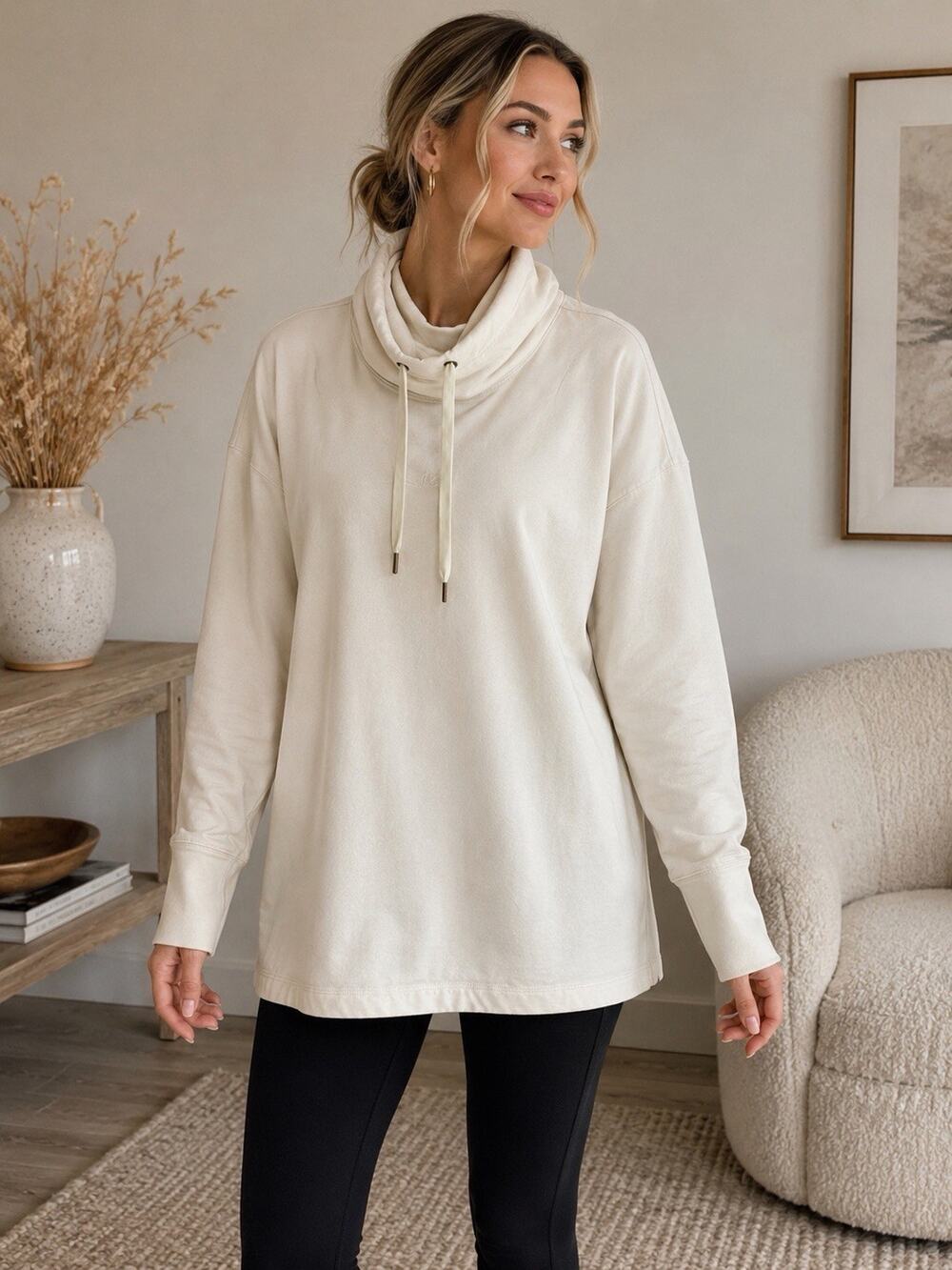 T by Talbots Women’s XL Ivory Cowl Neck Tunic Sweatshirt Hoodie Soft Stretch